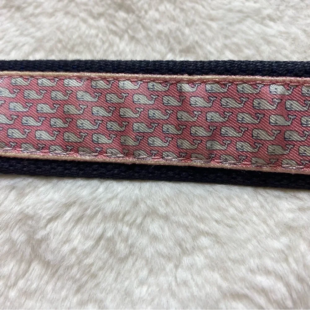 Vineyard Vines Pink Whale Fabric/Blue Woven Belt W/Brown Leather